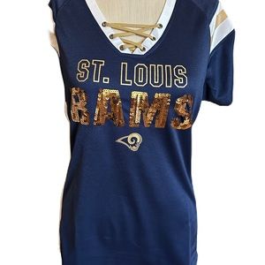 BNWT NFL St. Louis Rams Short Sleeve Lace Up Sequence Top. Size Medium